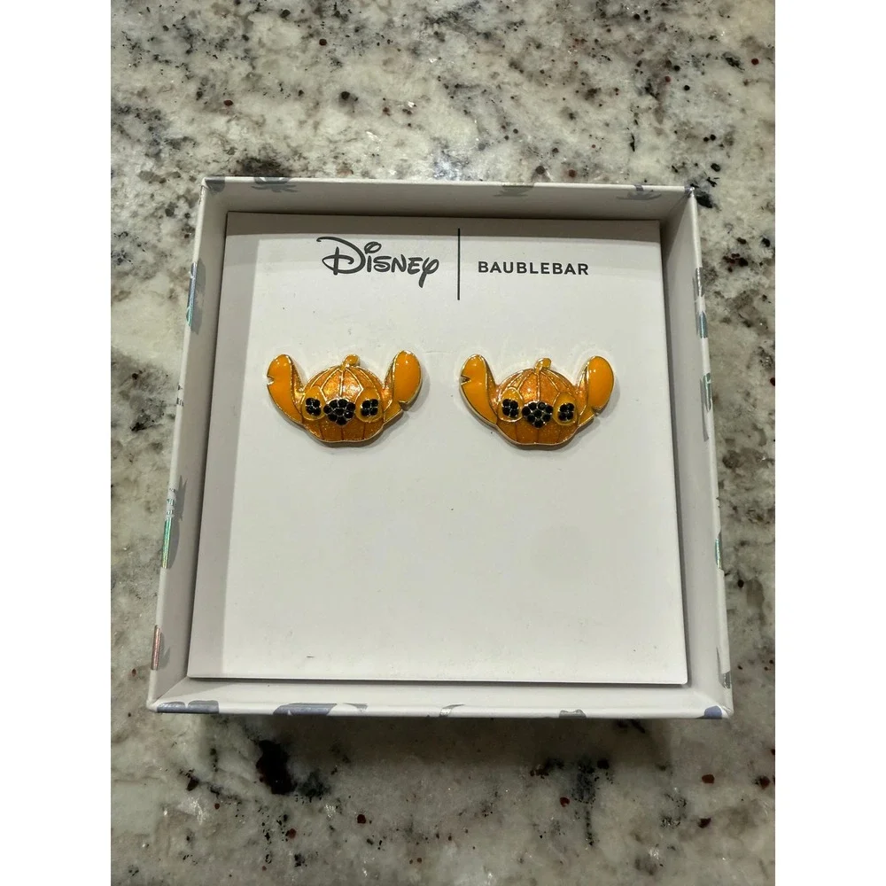 Disney BaubleBar Stitch Pumpkin Halloween Stud Earrings Orange Enamel Crystal